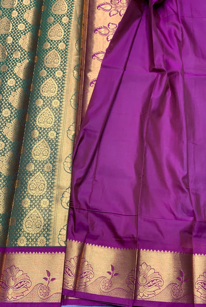 Vegan Silk Saree Olive Green Colour with Pink and Copper Border
