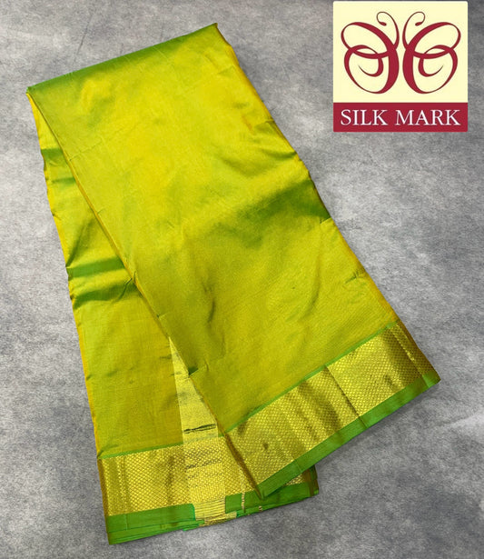9X5 Pure Silk Dhoti Parrot green with Large Golden Zari Border