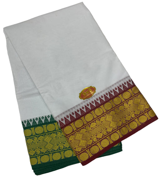 9X5 Cotton Dhoti White with Brown and Green Ganga Jamuna Border