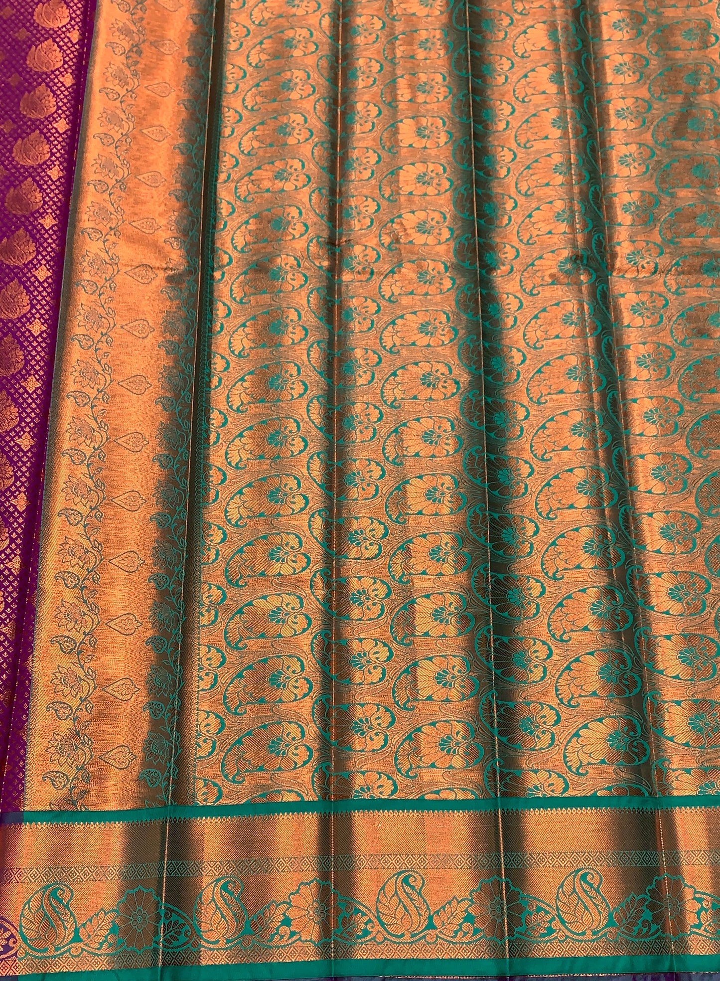 Vegan Silk Saree Magenta Colour with Green and Copper Border