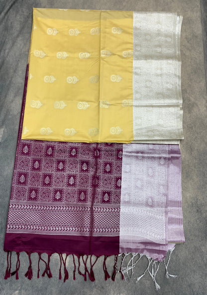 Art Silk Saree Lemon Yellow Colour with Sliver Zari Border
