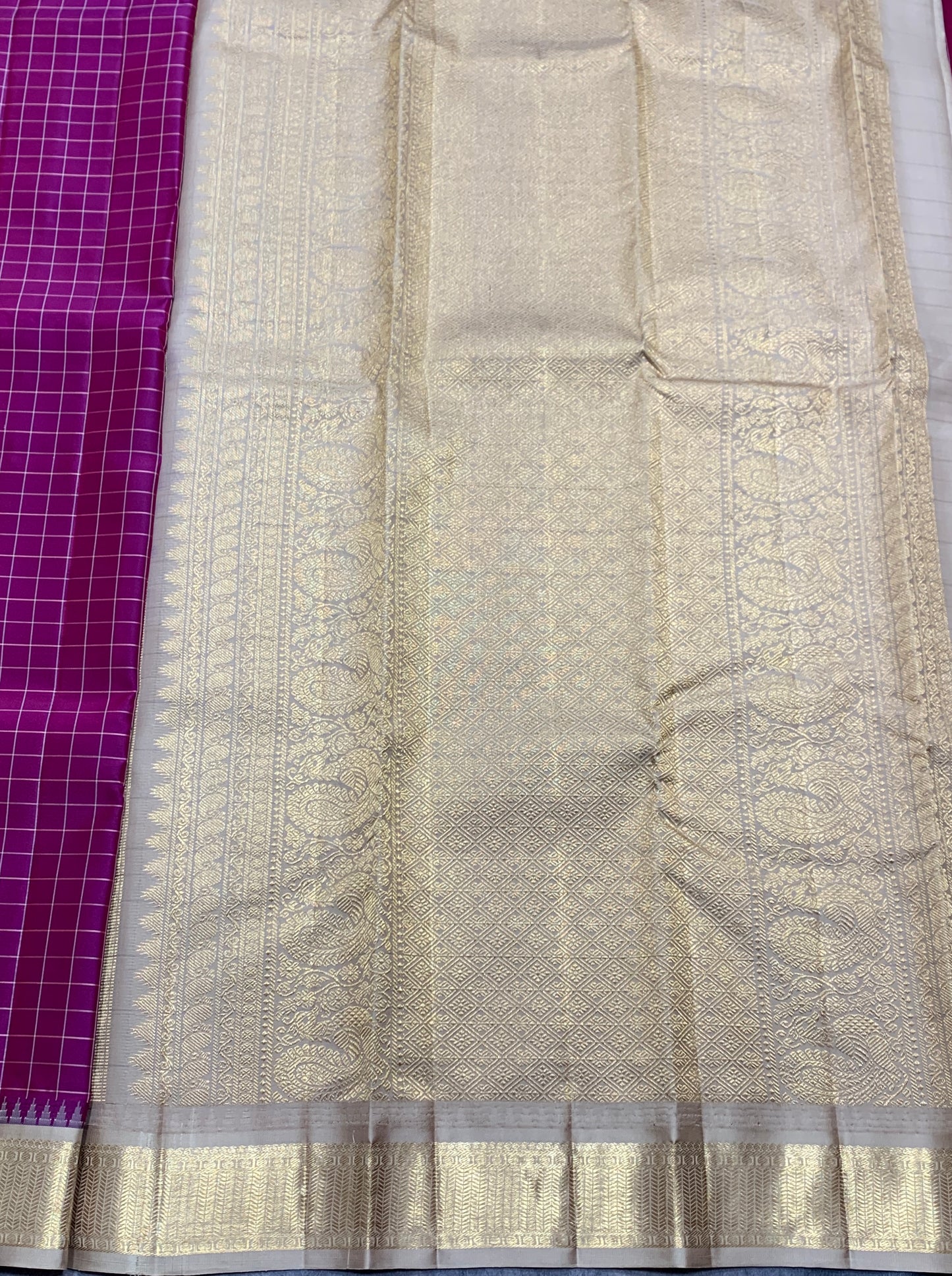 Pure Kanchipuram Silk Magenta Colour with Tussar and Golden Zari Border