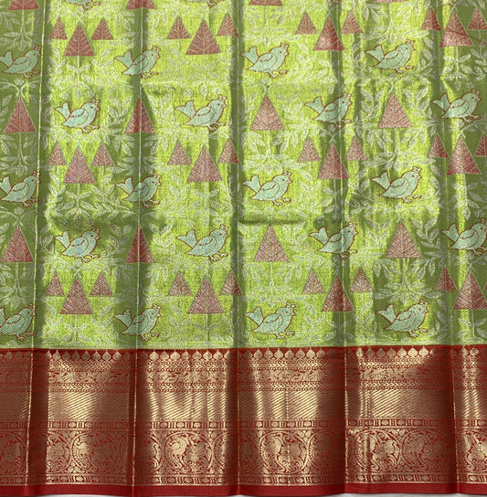 Apple Green Shade Vegan Silk Kids Pattu Pavadai with Contrast Border for Newborn to 2 Years