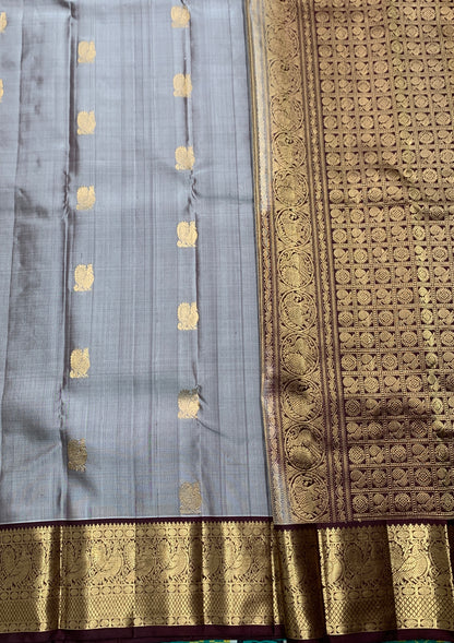 Pure Kanchipuram Silk Saree Gray Colour with Brown Border