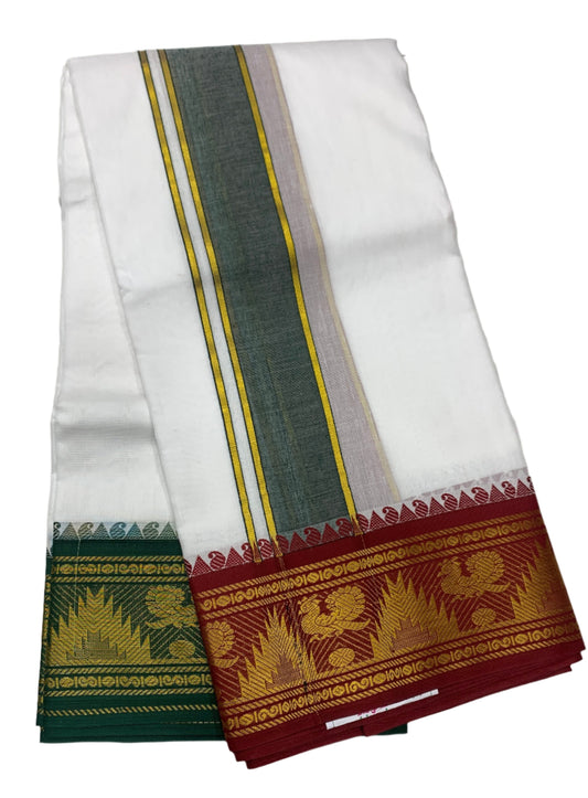 10X6 Cotton Dhoti White Colour with Large Maroon and Green Border