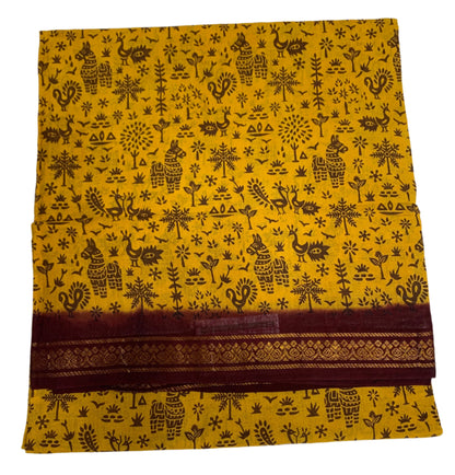 Chettinad Sungudi Cotton Mustard Colour with Brown Border