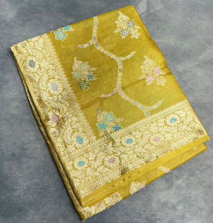 Pure Tussar Silk Saree Mustard Yellow Colour With Heavy Traditional Floral Zari Border