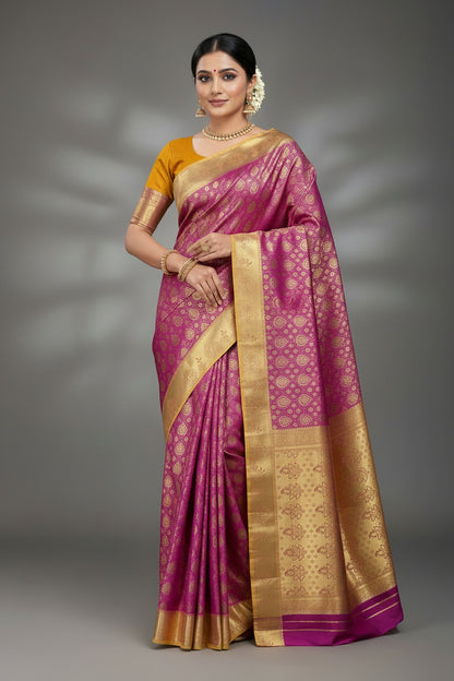 Vegan Silk Saree Pink Colour with Golden Yellow Border