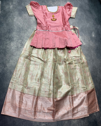 Ready To Wear Tussar Pavadai with Contrast Baby Pink Blouse