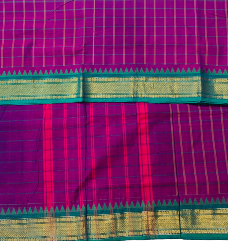 9 yards Cotton Saree Magenta Colour with Green Border