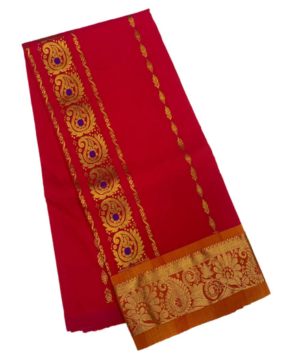 Pinkish Red shade Semi silk Kids Pattu Pavadai with Contrast border for age 5 to 10