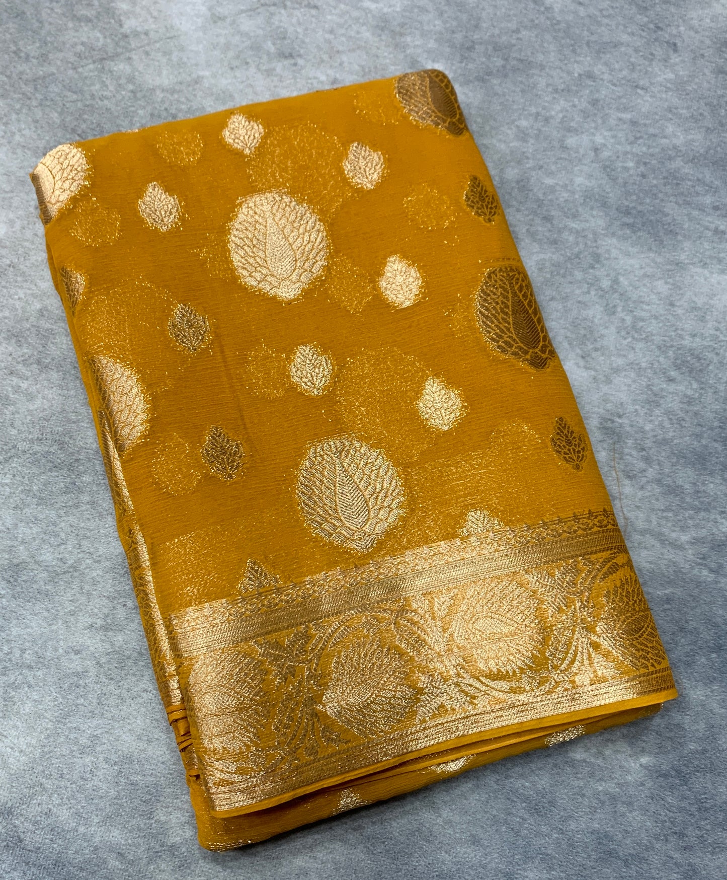 Georgette Saree Mustard Colour with Sliver Floral Design Border