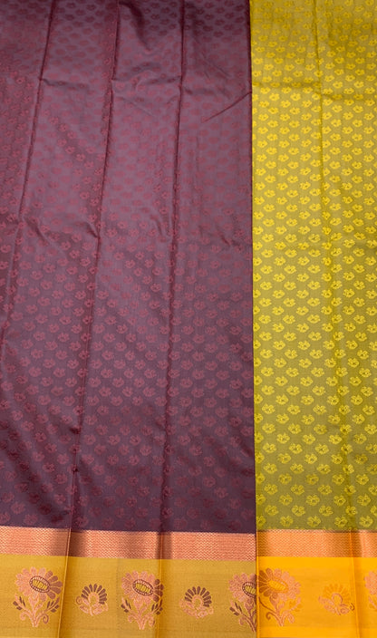 Synthetic Cotton Saree Brown Shade with Yellow Border