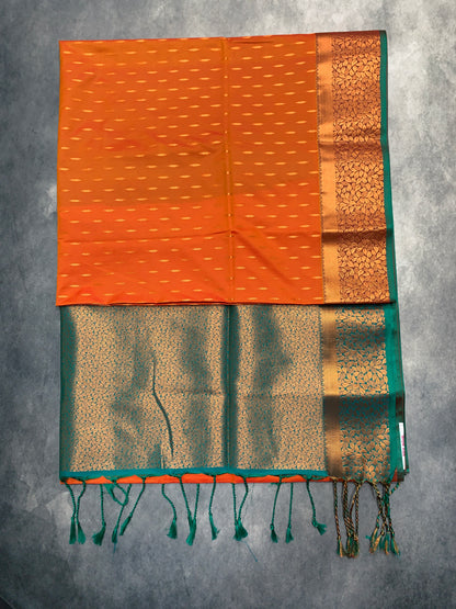 Soft Vegan Silk Saree Light Orange Colour with Green and Copper Border