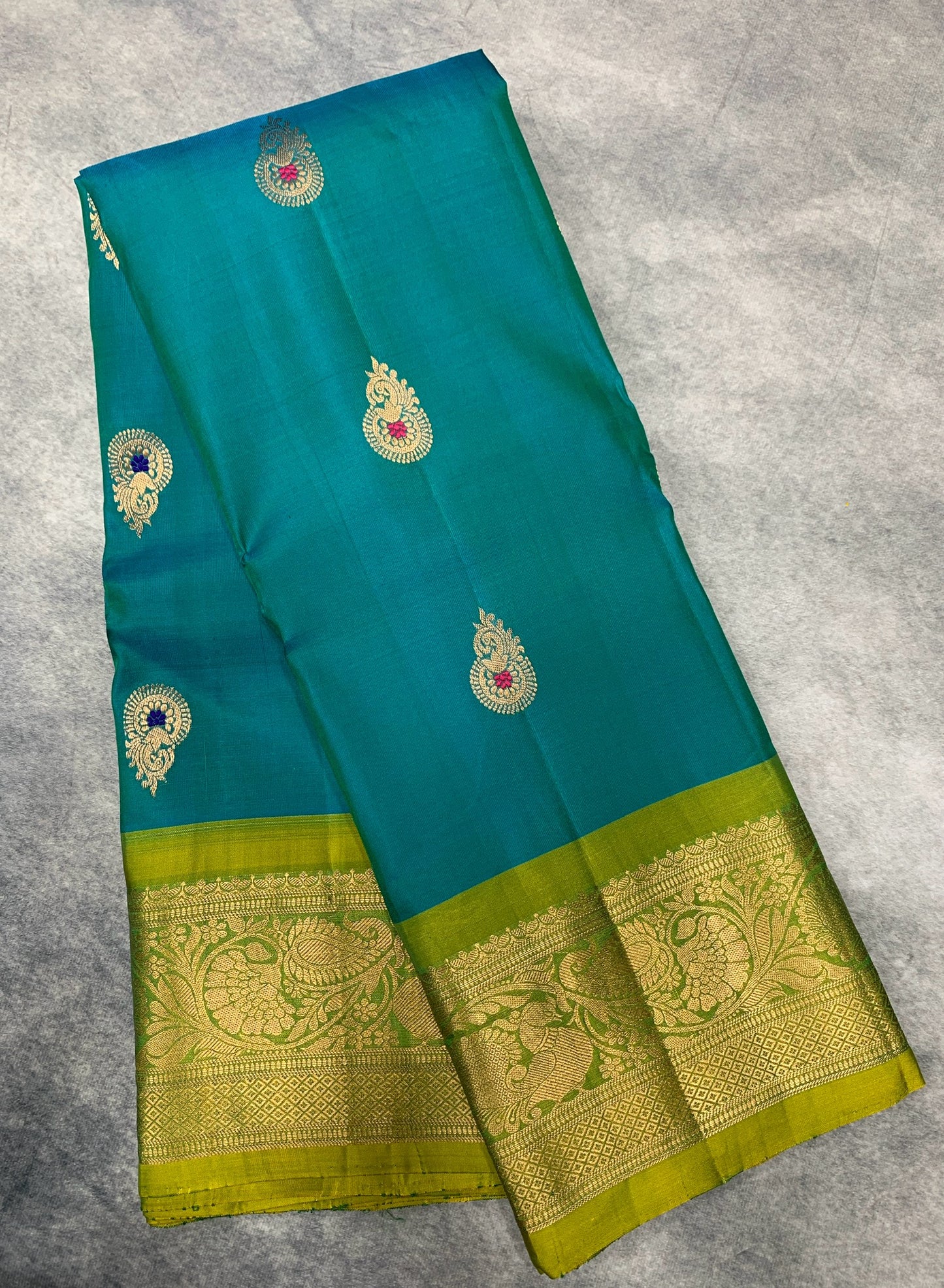 Pure Kanchipuram Silk Saree  Peacock Green Colour with Lime Green Colour Border