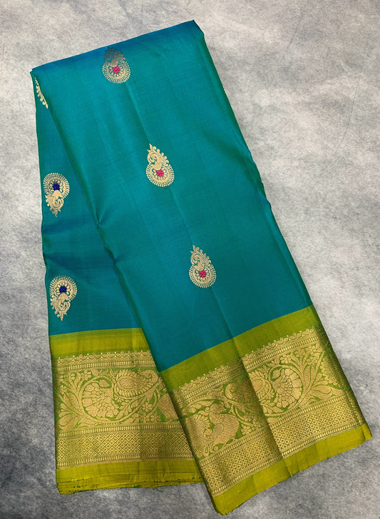 Pure Kanchipuram Silk Saree  Peacock Green Colour with Lime Green Colour Border