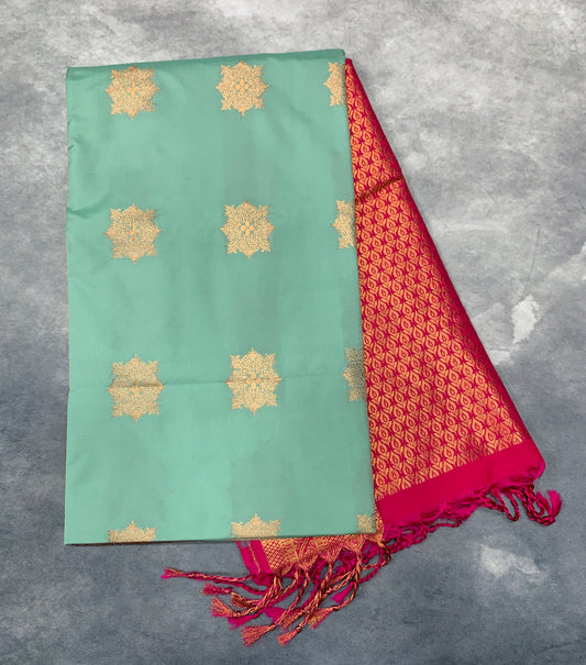 Soft Vegan Silk Saree Mint Green Colour with Pink and Copper Border