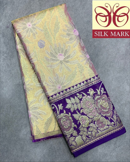 Rose Gold Shade Pure Kanchipuram Kids Pattu Pavadai with Contrast Border for Newborn to 2 Years