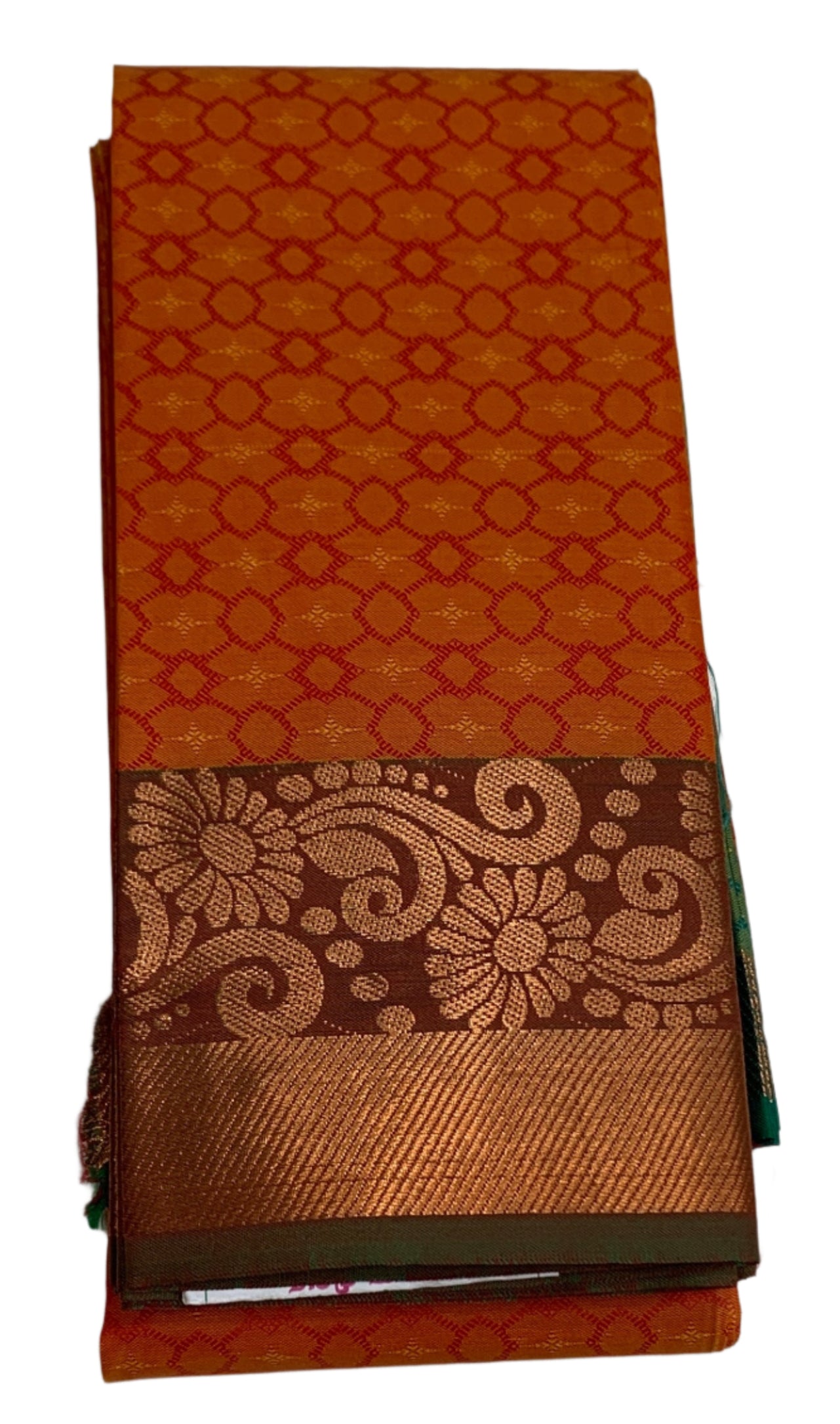 Synthetic Cotton Saree Orange Shade with Copper and Floral Design Border