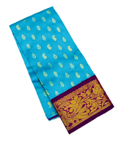 Sky Blue shade Pure kanchipuram Kids Pattu Pavadai with contrast border for newborn to 2 Years