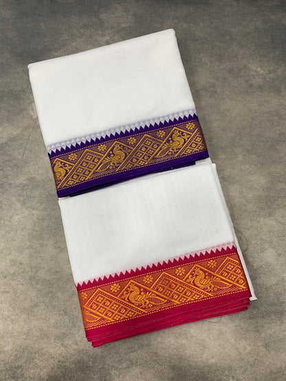 9X5 Cotton Dhoti White Colour with Violet and Pink Border with Angavastarm