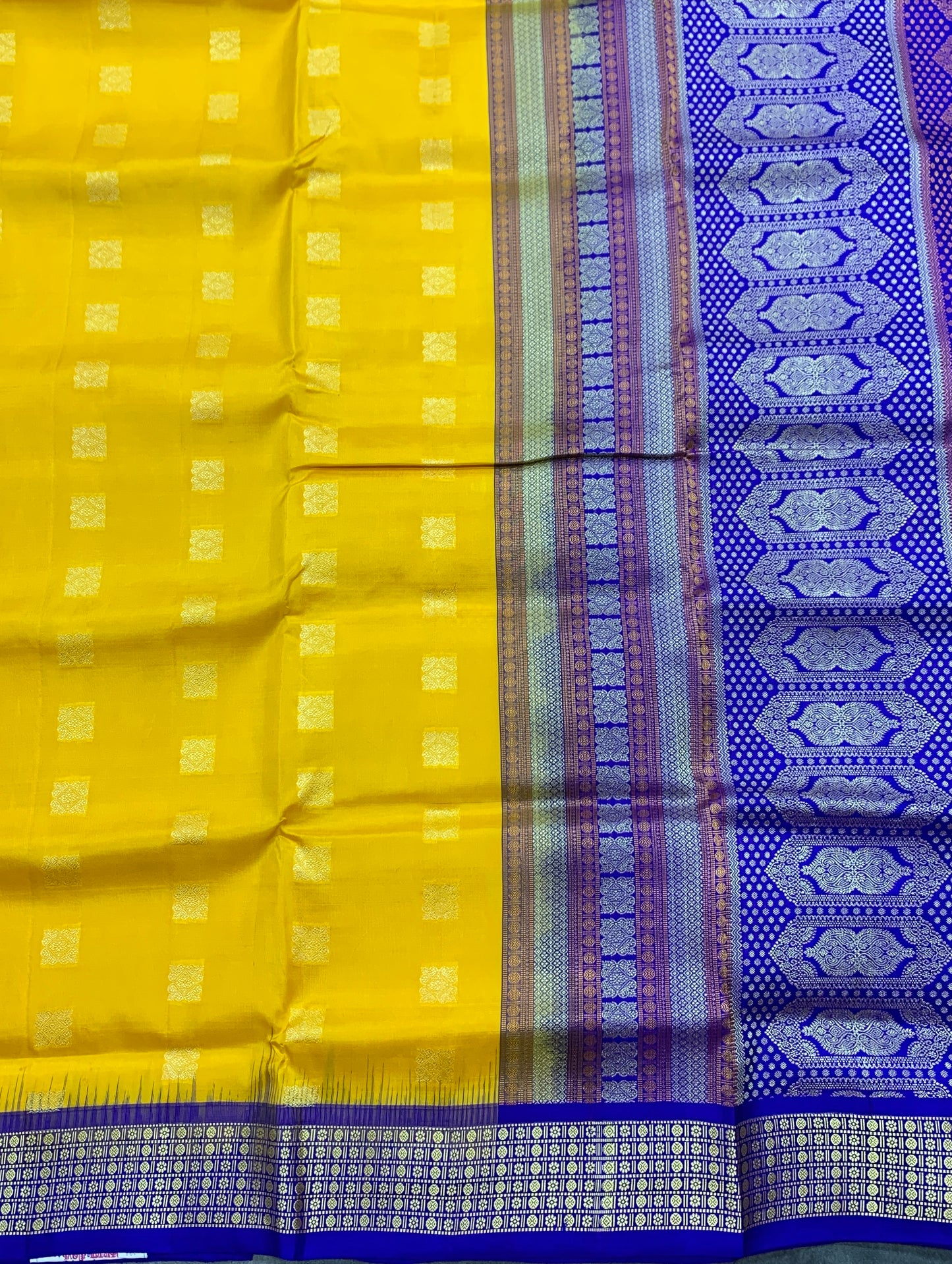 Pure Kanchipuram Silk Yellow Colour with Royal Blue Colour Border
