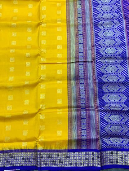 Pure Kanchipuram Silk Yellow Colour with Royal Blue Colour Border