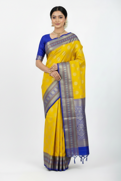 Pure Kanchipuram Silk Yellow Colour with Royal Blue Colour Border