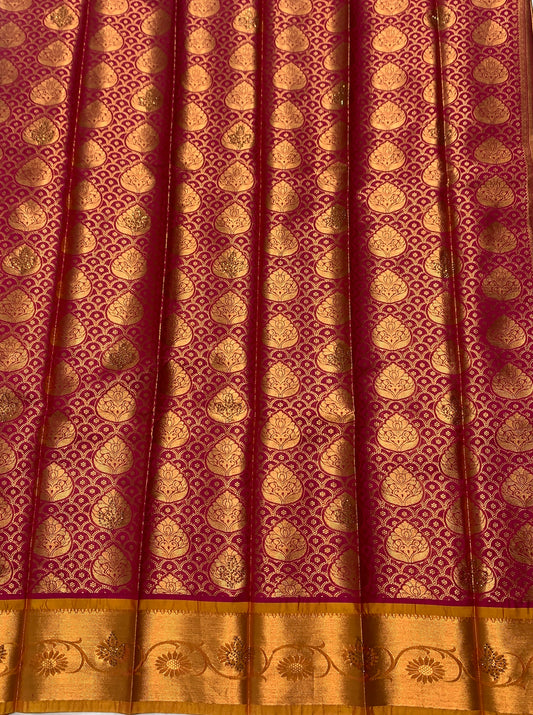 Vegan Silk Saree Pink Colour with Copper and Mustard Border