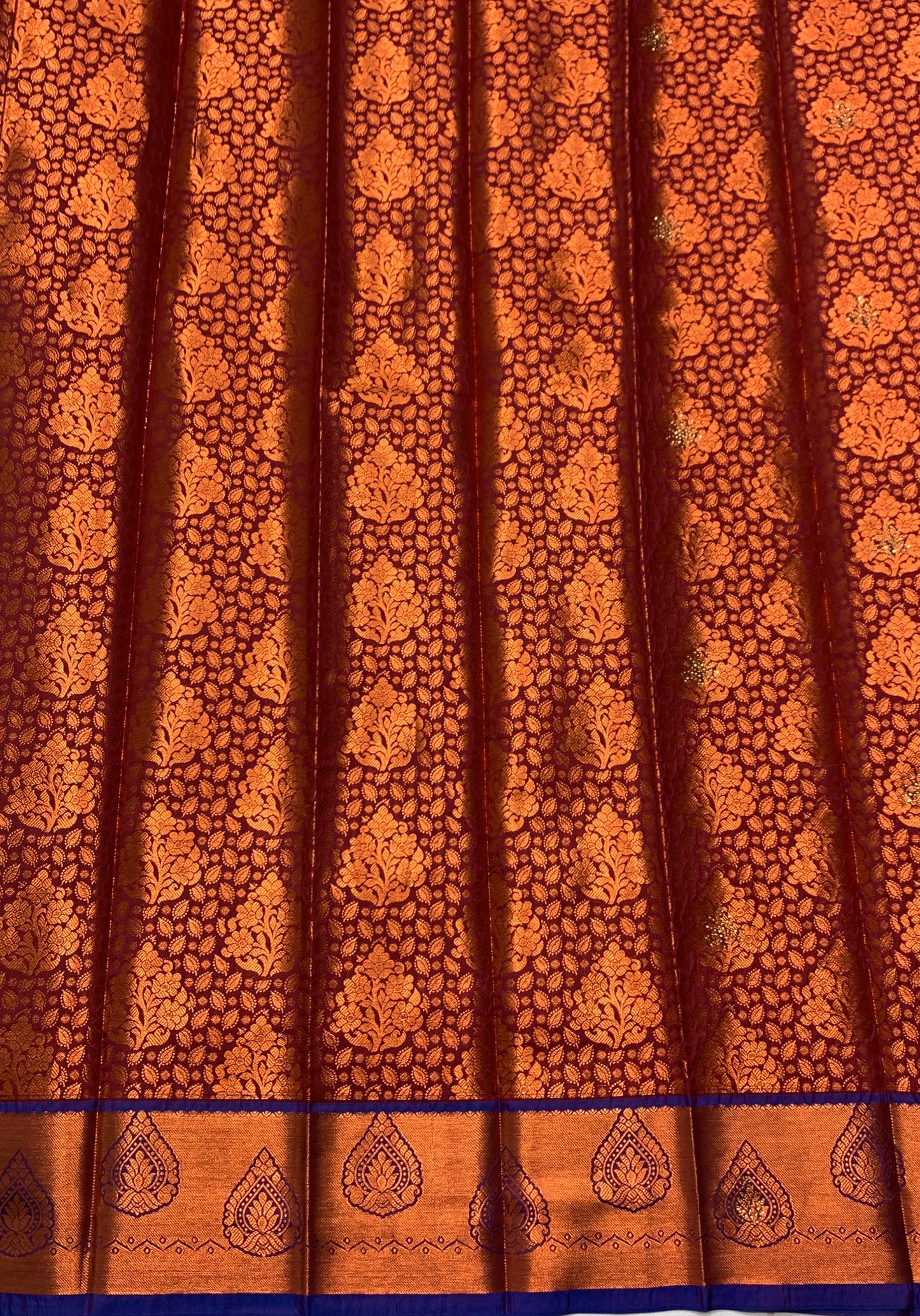 Vegan Silk Saree Maroon Colour with Copper and Blue Border