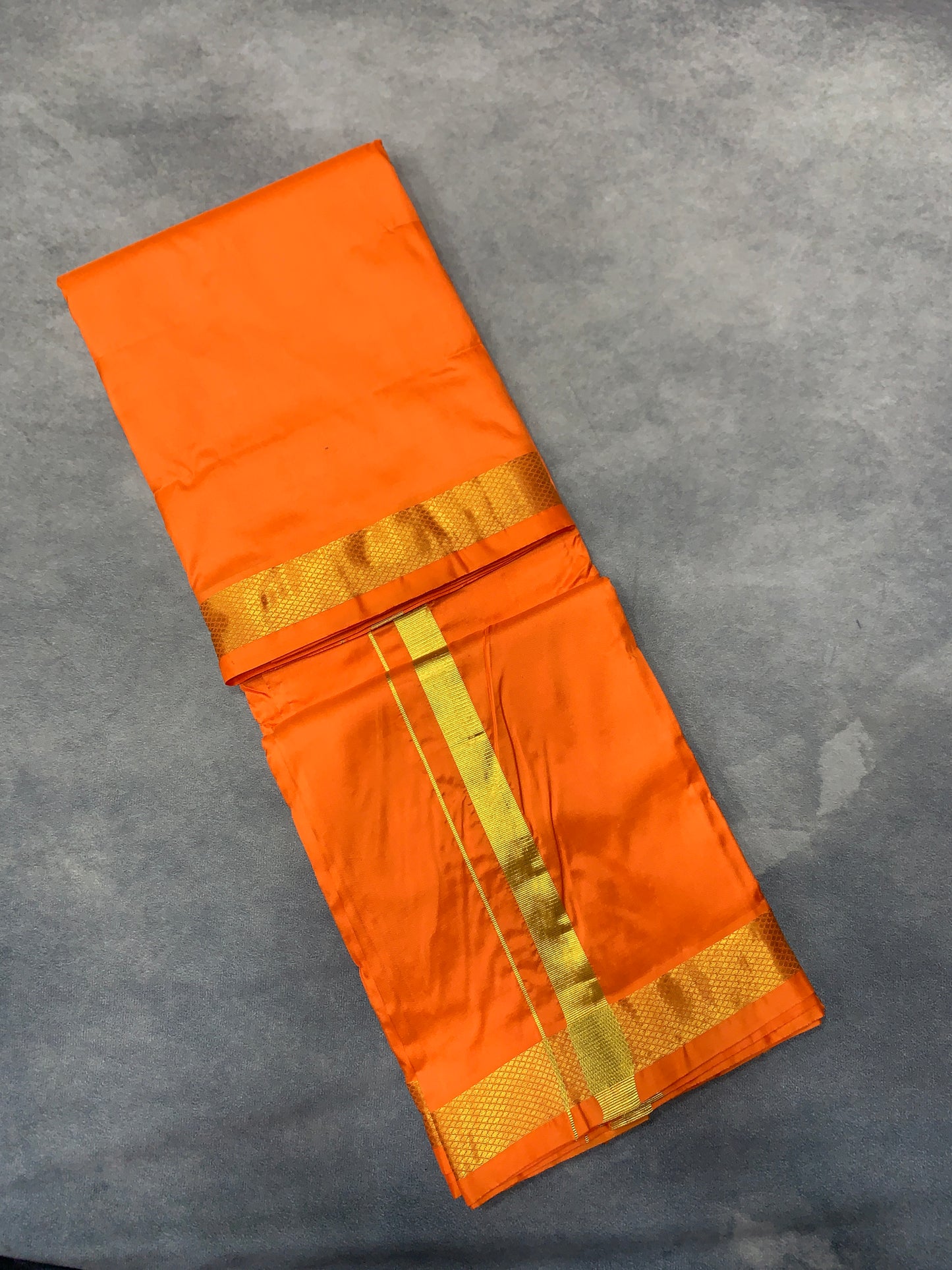 9X5 Pure Silk Golden Orange Colour Dhoti with Golden Zari Border