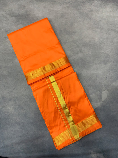 9X5 Pure Silk Golden Orange Colour Dhoti with Golden Zari Border