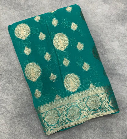 Georgette Saree Rama Green Colour with Sliver Floral Design Border