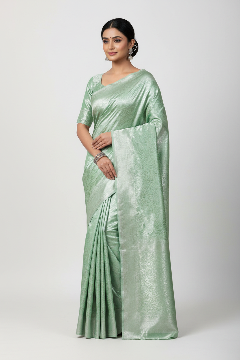 Fancy Tissue Saree Pista Green Colour with Self Design Border