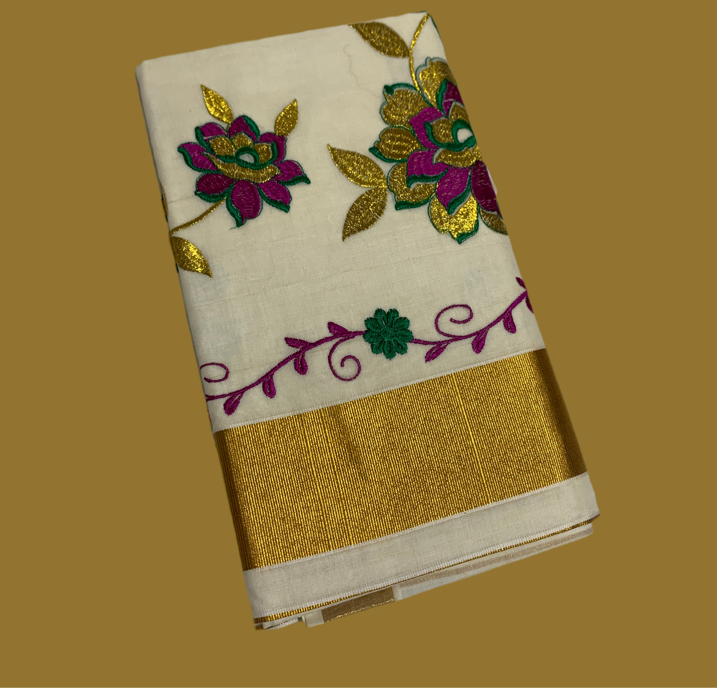 Kerala Cotton Saree Cream Colour with Floral Work Design