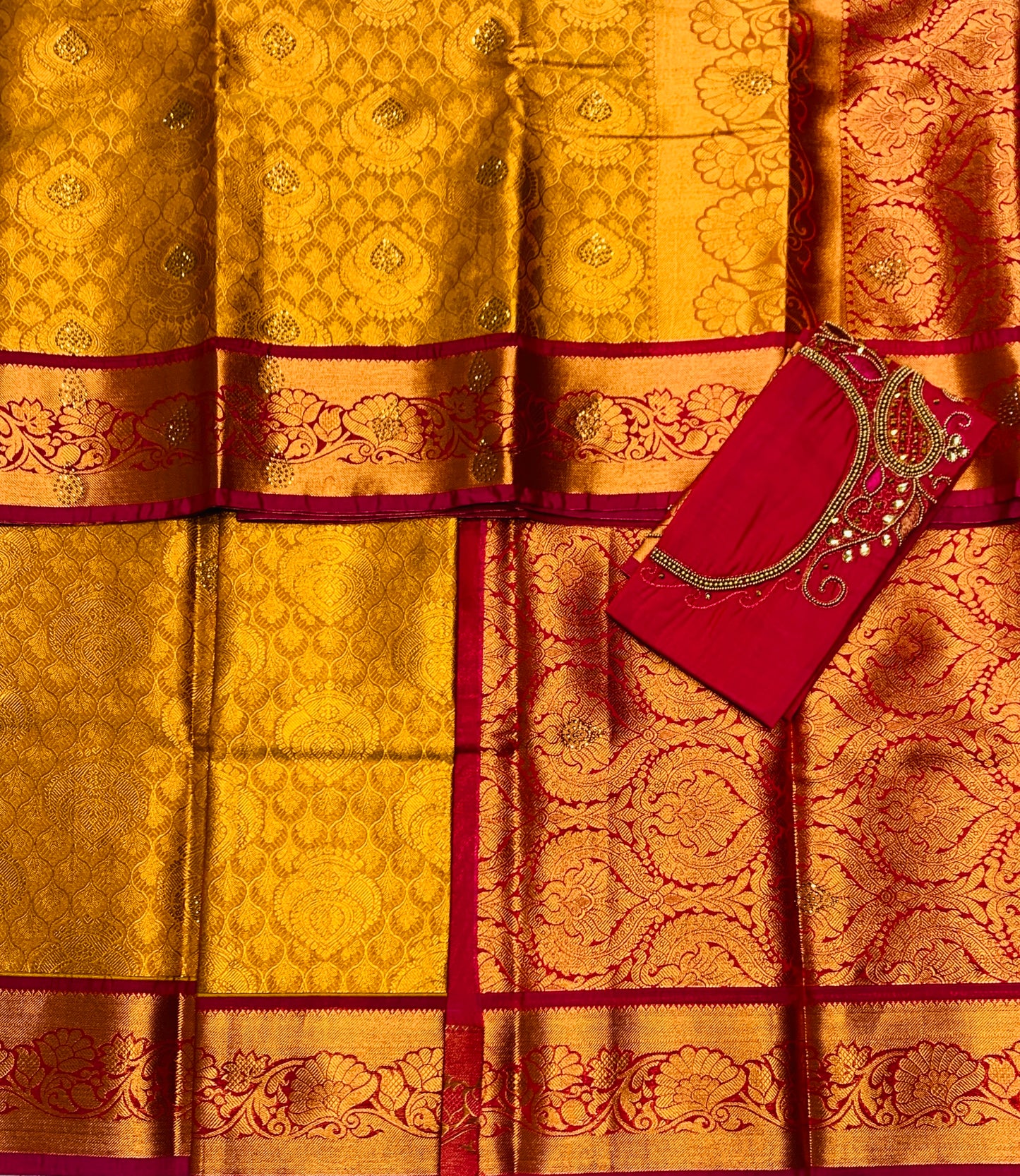 Bridal Vegan Silk Saree Mustard shade with Pink Border with Unstitched blouse in Aari work