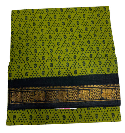 Chettinad Sungudi Cotton Olive Green Colour with Dark Navy Blue Border