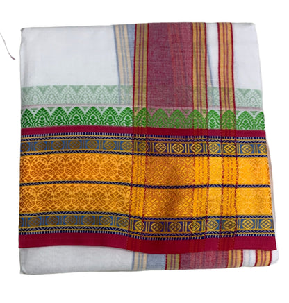 9X5 Cotton Dhoti White Colour with Yellow and Maroon Border