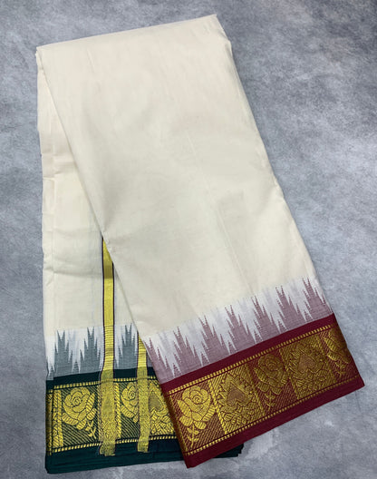 Korvai Cotton Dhoti Half White Colour with Brown and Green Border