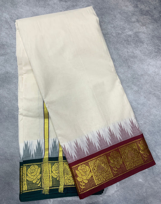 Korvai Cotton Dhoti Half White Colour with Brown and Green Border