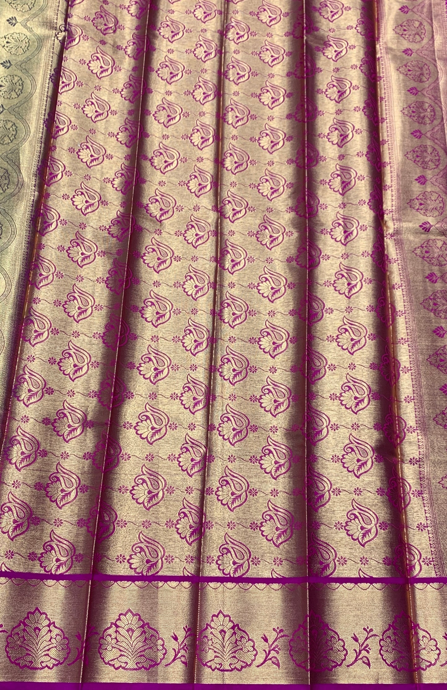 Vegan Silk Saree Apple Green Colour with Pink and Copper Border