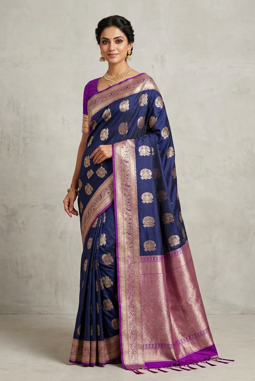 Art Silk Saree Navy Colour with Purple Colour Border