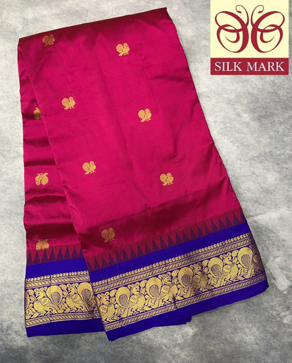 9 yards Pure Kanchipuram Silk Saree Pink Colour with Blue Border