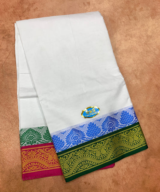 9X5 Cotton Dhoti White with Green and Pink Ganga Jamuna Border