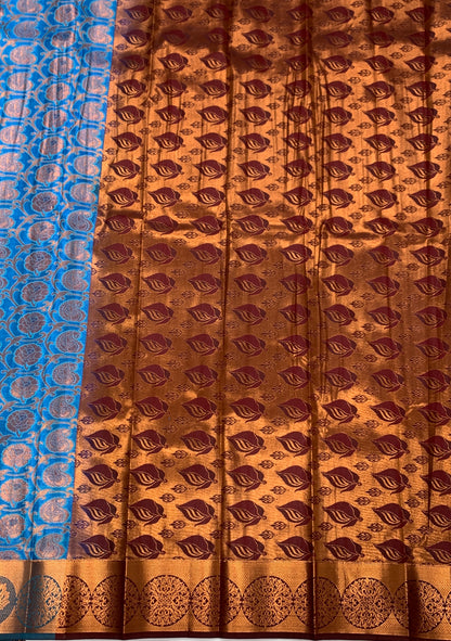 Vegan Silk Saree Sky Blue Colour with Copper Border