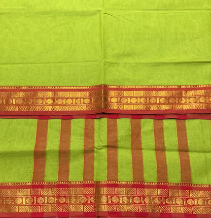 Chettinad Cotton Saree Parrot Green Colour with Maroon Colour with Zari Work Border