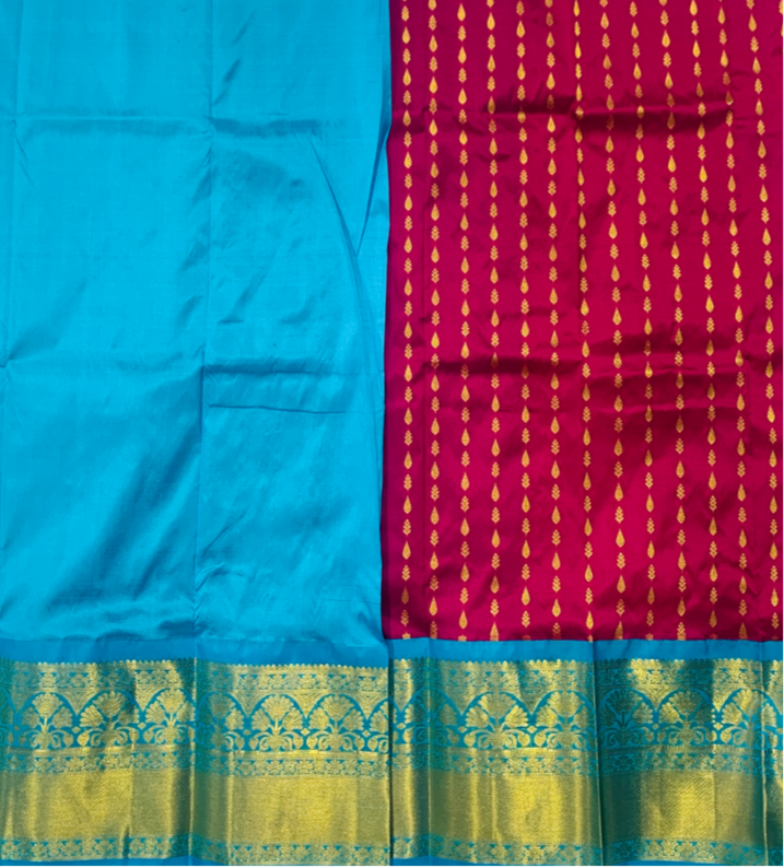 Magenta shade Pure Kanchipuram Kids Pattu Pavadai with contrast border for age 2 to 5