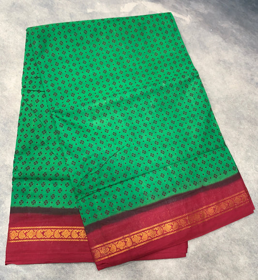 9 yards Cotton Saree Light Green Colour with Red Border