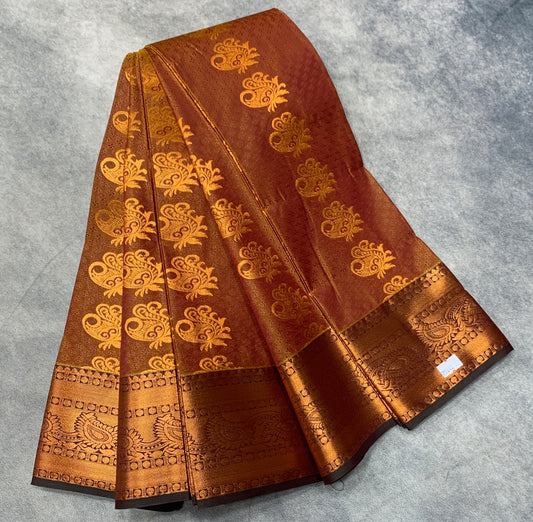 Vegan Silk Saree Brown Colour Saree with Copper Border