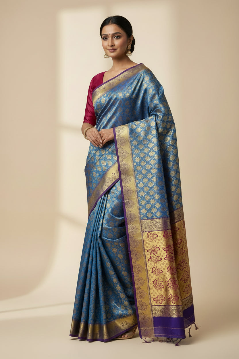 Vegan Silk Saree Blue Colour with Pink and Copper Border